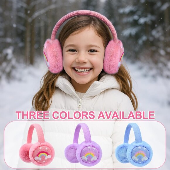 ⚡Kids Pink Knitted Rainbow Winter Outdoor Plush Adjustable Warm Ear Muffs - Picture 2 of 7
